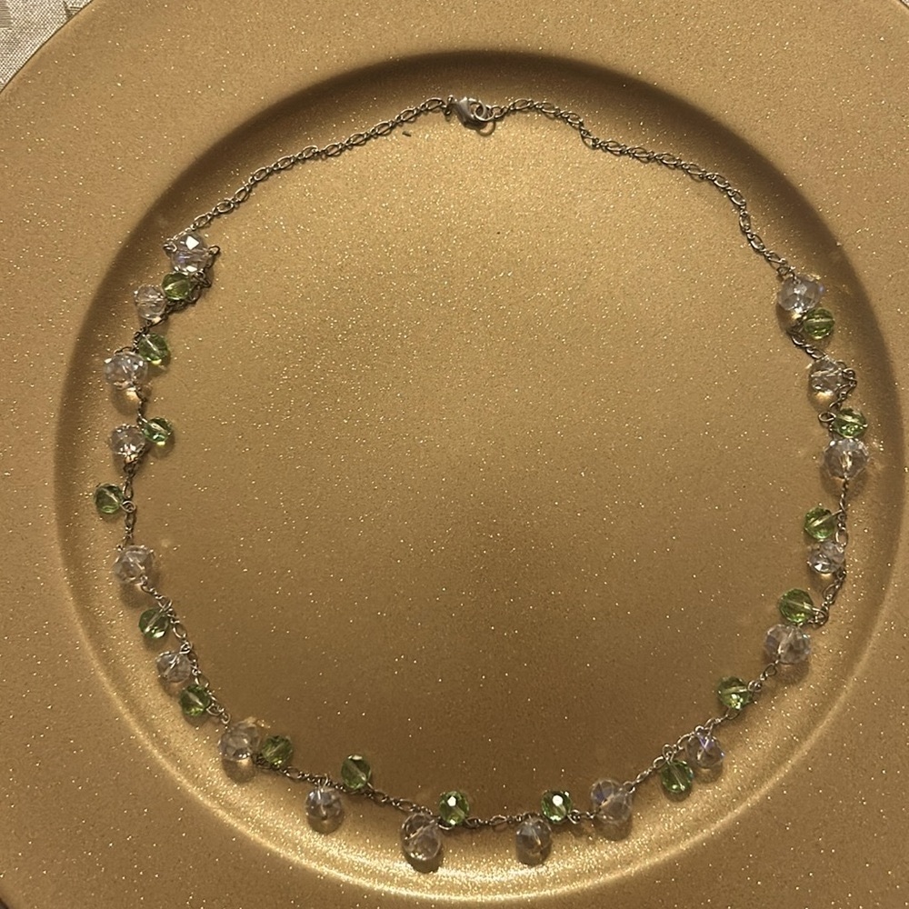 Elegant Set of Green & Clear Crystal Beads on Silver Chain; Matching Earrings - Picture 5 of 12